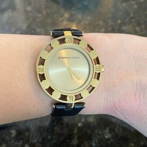 BCBG Black Leather Watch with Gold Coloured Faced